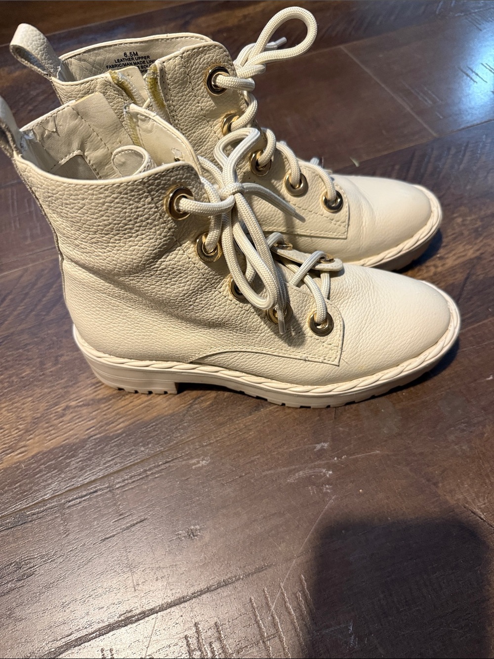 Gianni Bini Off-White Lace-Up Combat Boots with Gold Eyelets